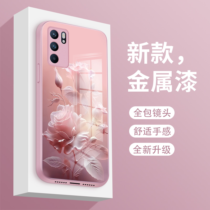 沙龙玫瑰适用opporeno6pro手机壳新款Reno6玻璃女款防摔reno6pro+保护套金属漆全包网红夏天散热高级个性情侣 - 图0