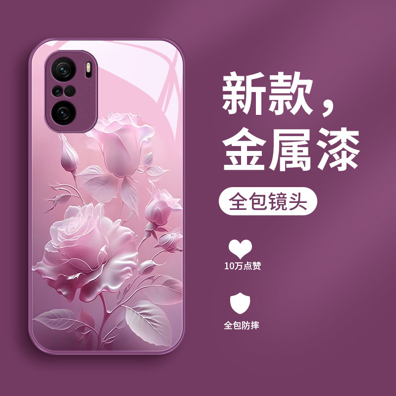 沙龙玫瑰适用小米红米k40手机壳新款K40pro金属漆玻璃k40s全包镜头redmik40游戏增强版情侣K40高级防摔保护套,淘宝优惠券,粉丝福利购,淘宝优惠卷