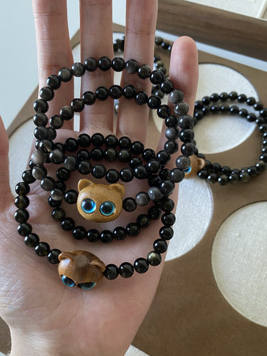原创/守护猫猫天然银耀石金曜石双圈不夹毛手串情侣手链 - 图0