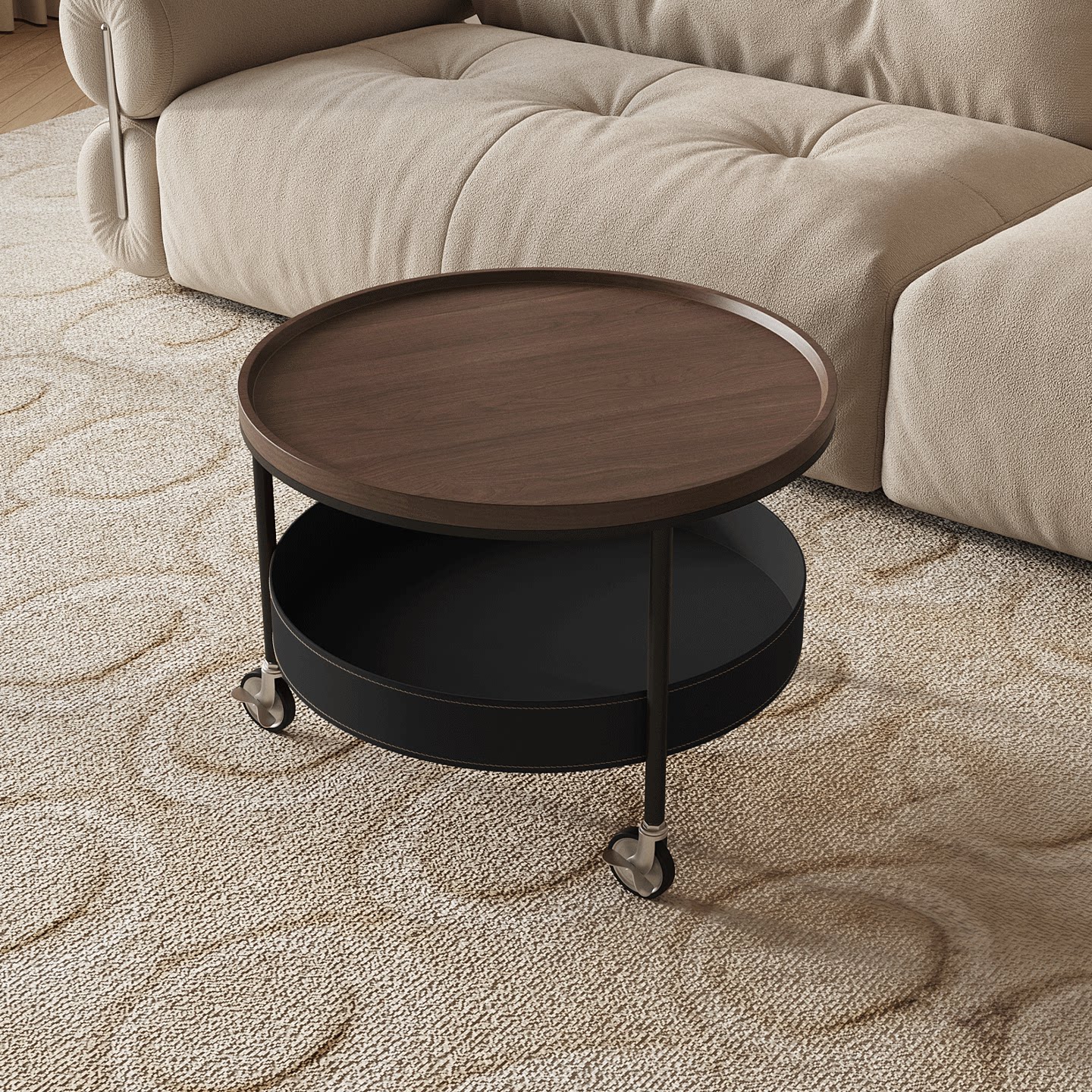 法式中古风家用客厅可移动复古小推车茶几轻奢高级感圆形小桌子