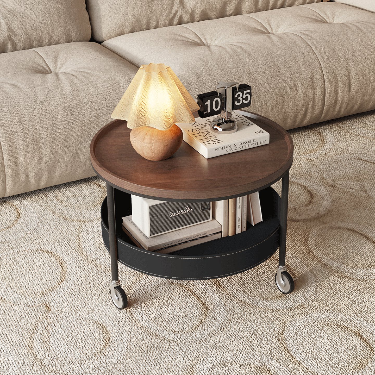 法式中古风家用客厅可移动复古小推车茶几轻奢高级感圆形小桌子