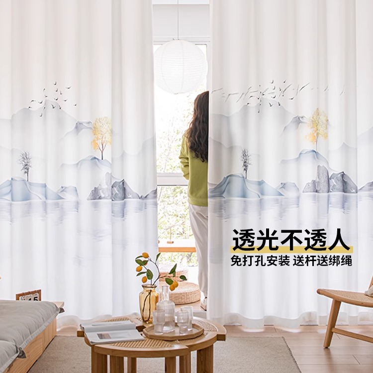 新中式禅意山水画中国风茶室窗帘纱帘2024新款卧室客厅隔断帘防晒