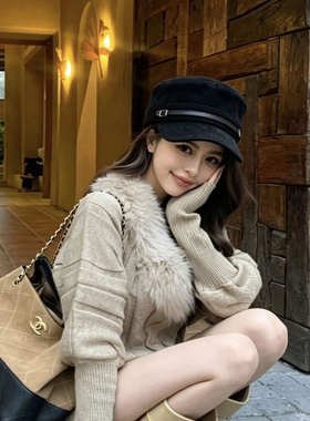 秋冬气质马术帽子女复古麂皮绒