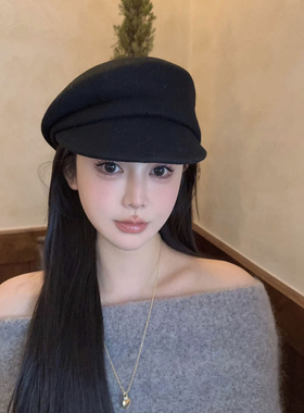 fever同款黑色羊毛报童帽子女秋冬法式鸭舌帽显脸小贝雷帽礼帽潮