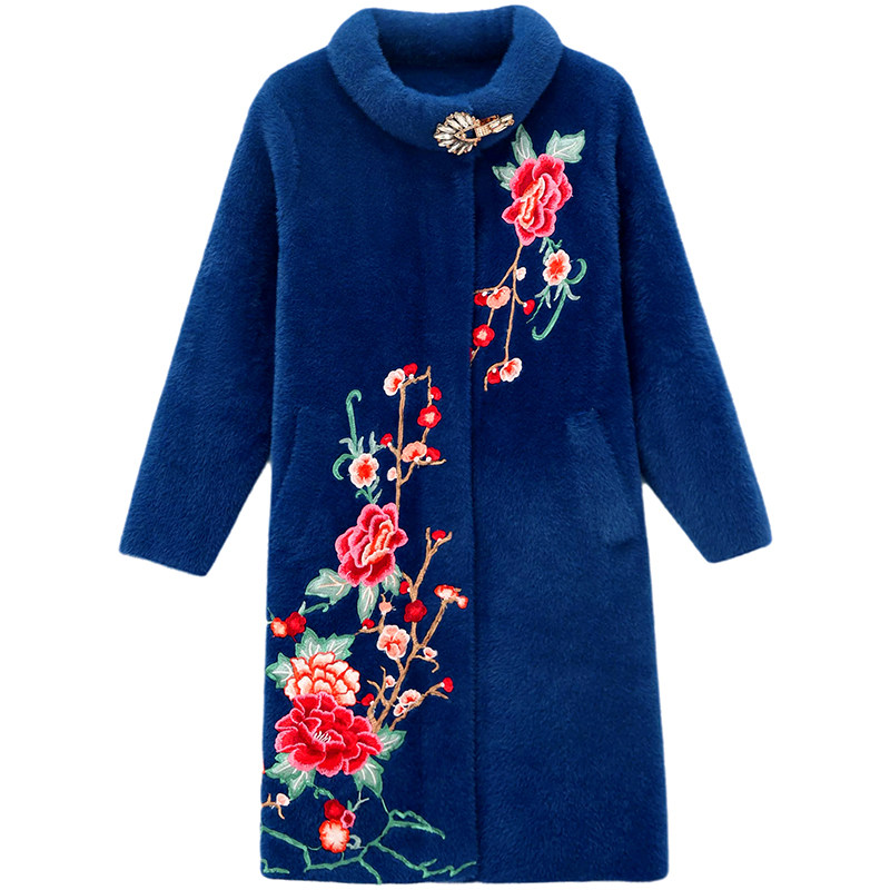 洋气妈妈秋冬中长款外套红色刺绣花 美牧莲中老年女装