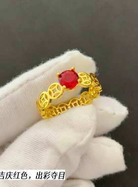 奢华越南沙金闭口戒指铜合金指环镀金戒招财铜钱镶嵌红石富家千金