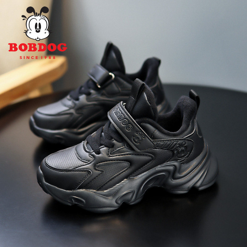 巴布豆儿童运动鞋冬季皮面防水黑色男女童加绒二棉保暖跑步小黑鞋-图1