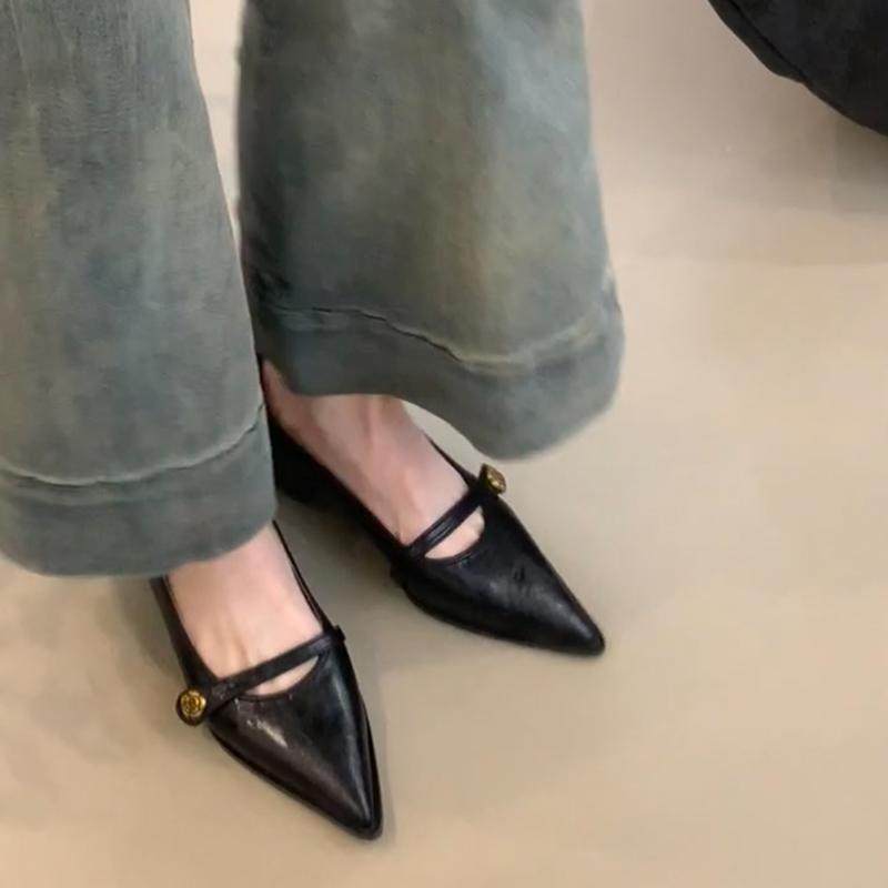 羊皮版！黑色复古尖头单鞋女2025新款百搭春季浅口粗跟通勤玛丽珍,淘宝优惠券,粉丝福利购,淘宝优惠卷
