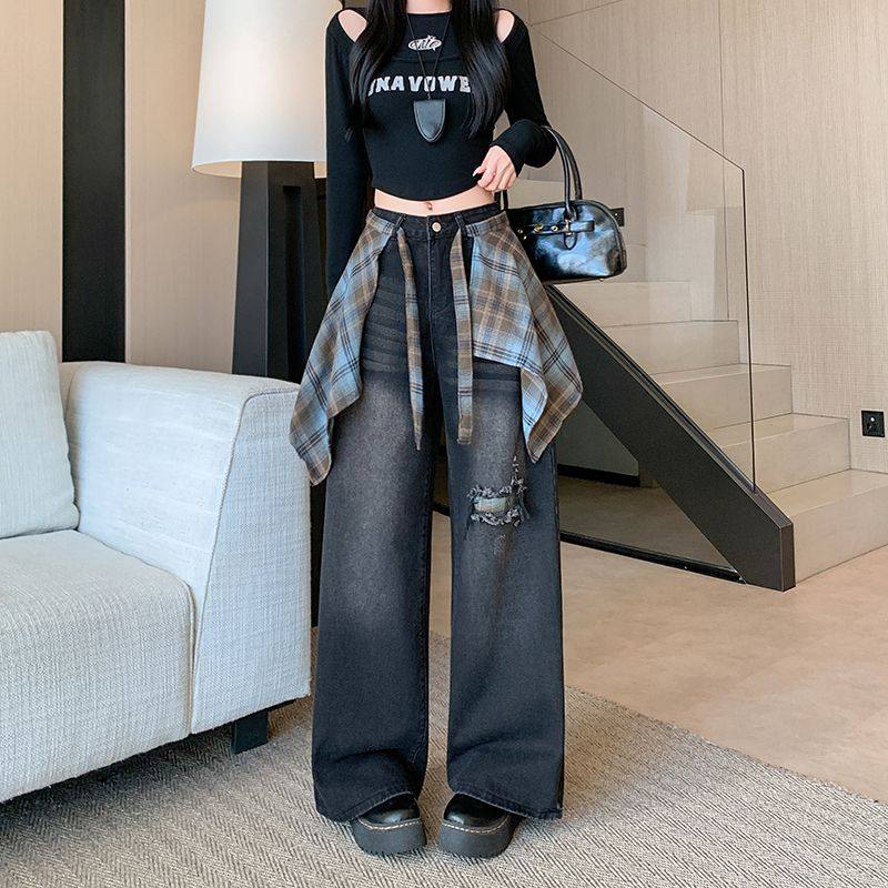 格子屁帘设计感高街直筒牛仔裤女秋季2025新款高腰显瘦破洞阔腿裤,淘宝优惠券,粉丝福利购,淘宝优惠卷