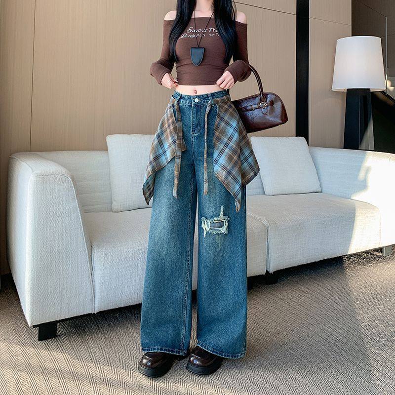 格子屁帘设计感高街直筒牛仔裤女秋季2025新款高腰显瘦破洞阔腿裤,淘宝优惠券,粉丝福利购,淘宝优惠卷