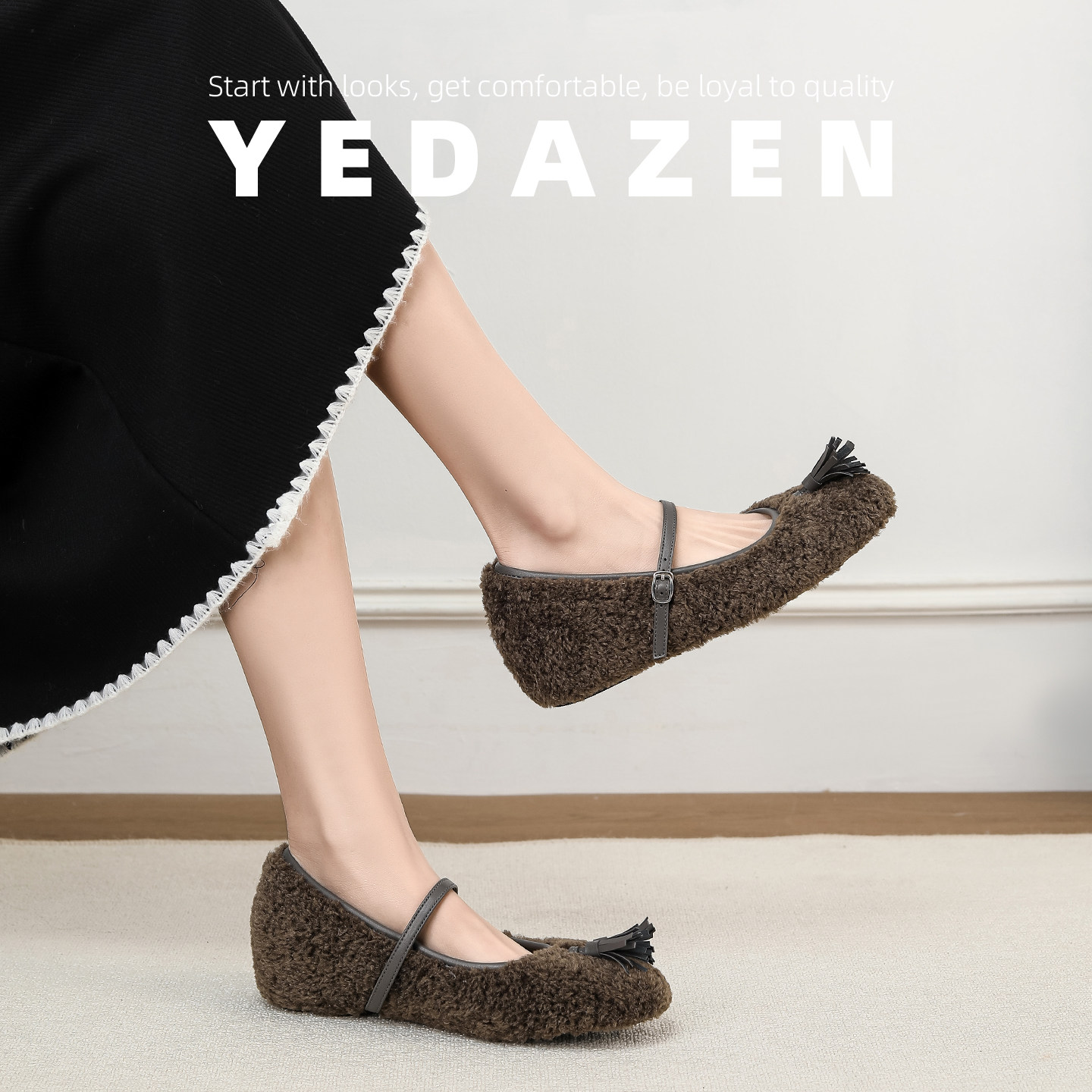 法式棕色内增高毛毛鞋外穿冬加绒圆头玛丽珍鞋平底一字带流苏单鞋,淘宝优惠券,粉丝福利购,淘宝优惠卷