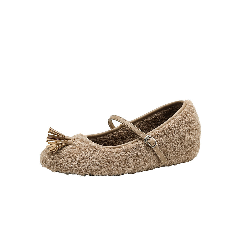 法式棕色内增高毛毛鞋外穿冬加绒圆头玛丽珍鞋平底一字带流苏单鞋,淘宝优惠券,粉丝福利购,淘宝优惠卷