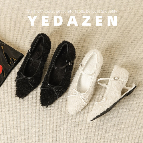 白色毛毛高跟鞋女异形坡跟法式玛丽珍鞋女秋冬加绒尖头一字带单鞋 - 图2