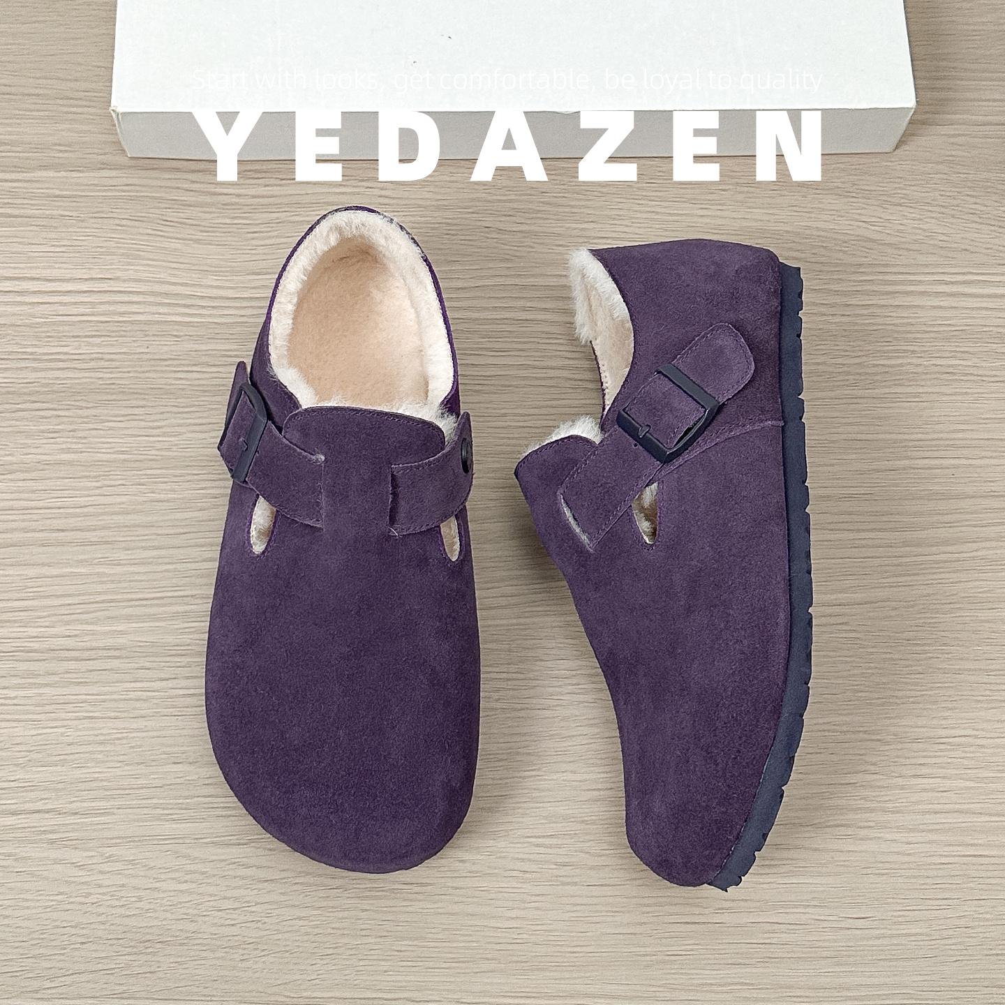 真皮紫色全包厚底勃肯鞋女加绒一脚蹬内增高毛毛单鞋2025新款秋冬 - 图2