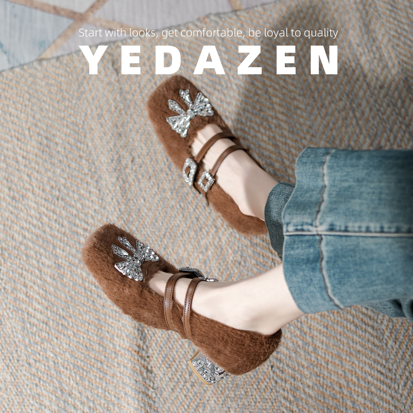 高级感貂毛毛鞋外穿粗跟水钻单鞋女冬季加绒白色方头玛丽珍高跟鞋,淘宝优惠券,粉丝福利购,淘宝优惠卷