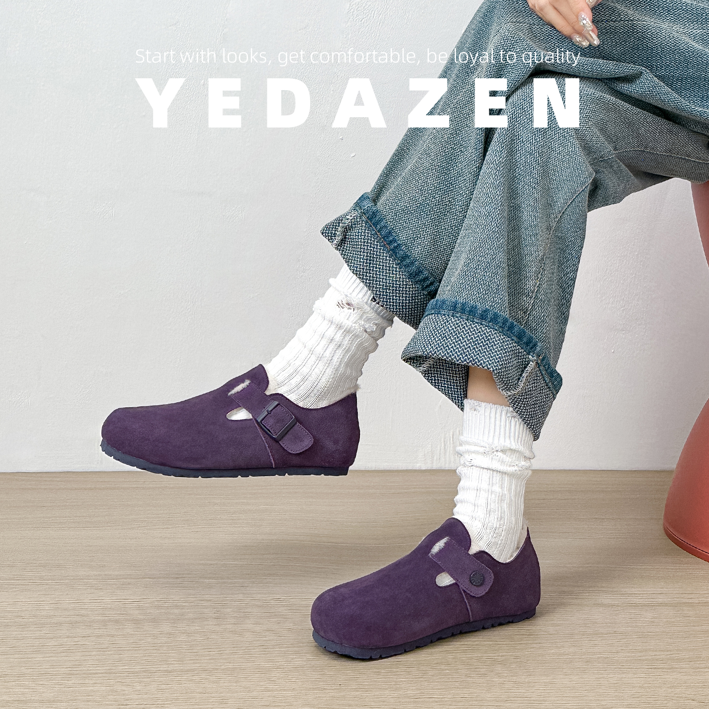 真皮紫色全包厚底勃肯鞋女加绒一脚蹬内增高毛毛单鞋2025新款秋冬 - 图1