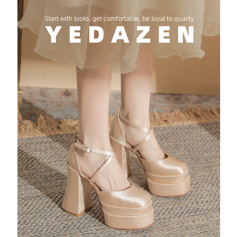 小个子高跟鞋女厚底玛丽珍红色婚鞋新娘鞋新款交叉带中空粗跟单鞋,淘宝优惠券,粉丝福利购,淘宝优惠卷