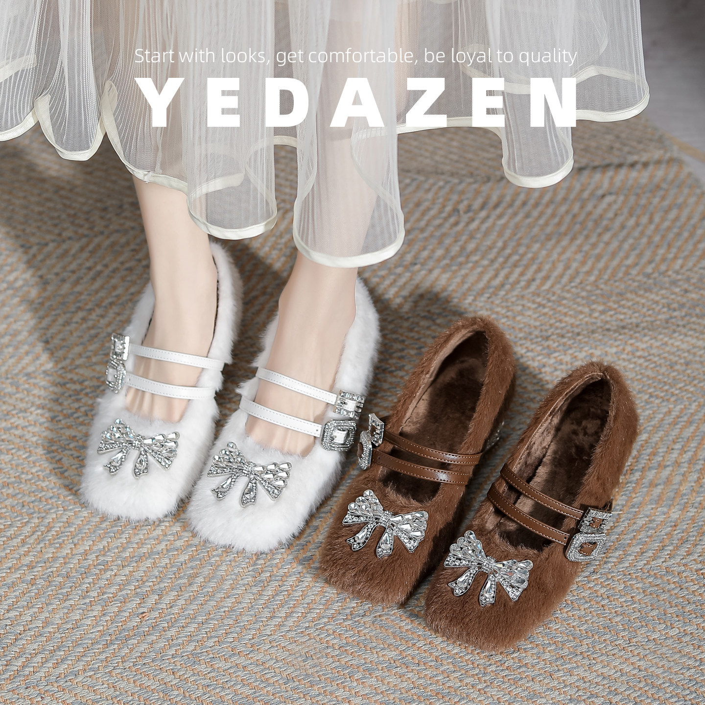 高级感貂毛毛鞋外穿粗跟水钻单鞋女冬季加绒白色方头玛丽珍高跟鞋,淘宝优惠券,粉丝福利购,淘宝优惠卷