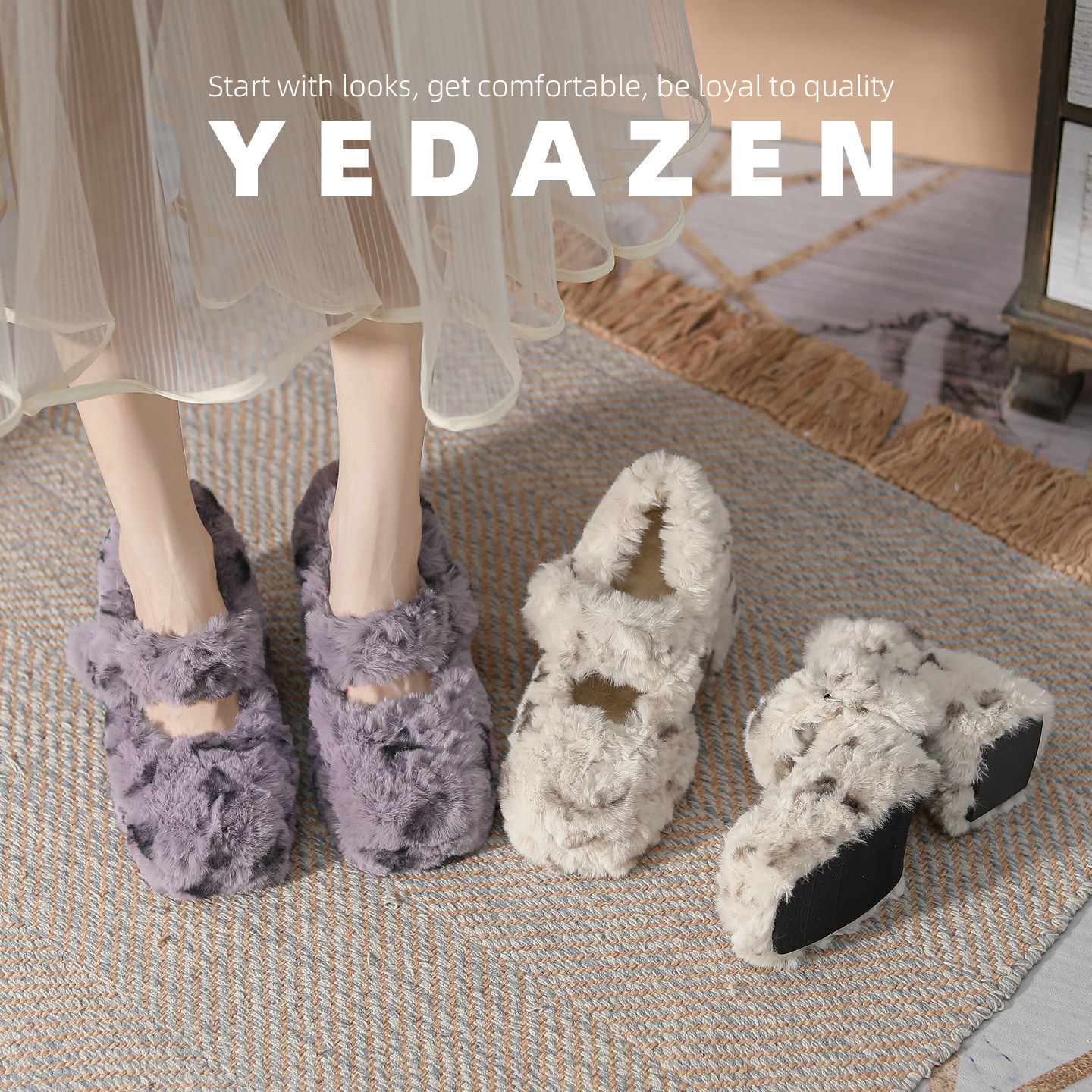 厚底绝美白色保暖棉毛毛鞋女外穿秋冬加绒气质高跟鞋粗跟法式单鞋,淘宝优惠券,粉丝福利购,淘宝优惠卷