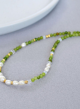 新中式小众设计夏日新款清新橄榄绿色刻面真石串珠淡水珍珠项链女