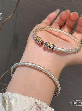 足银9999描金吉言手镯文艺复古国潮开口女士纯银实心镯子气质礼物