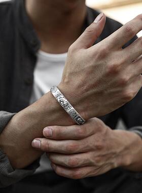 纯银9999招财转运平安貔貅手镯男女心经足银开口实心宽手环潮霸气