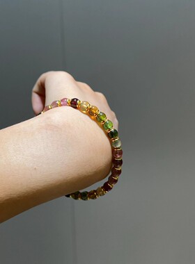 6mm天然碧玺彩虹手串银镀金镶鼓珠款晶体干净清透颜色明亮鲜美