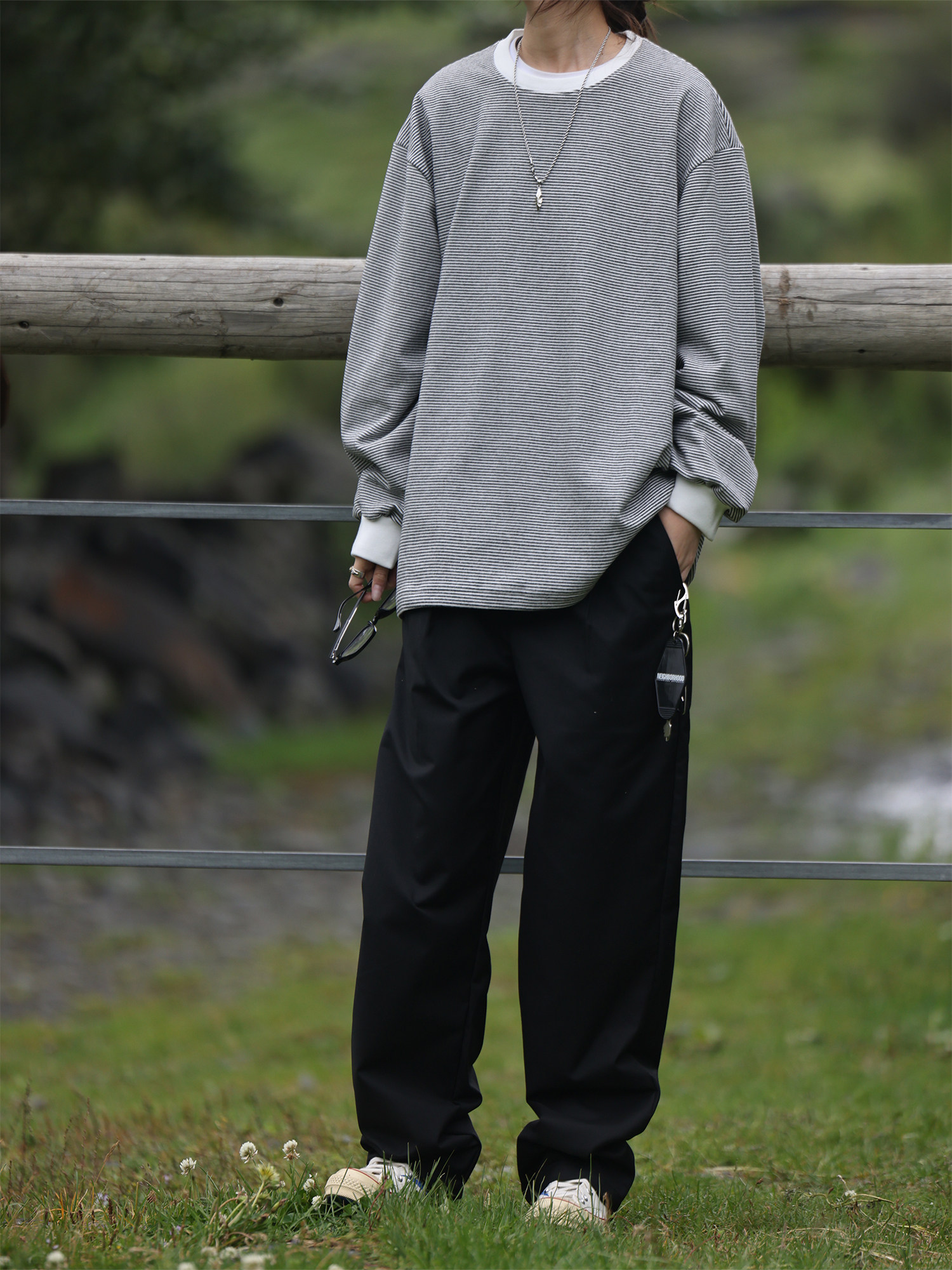 Nobodyknows美式复古基础休闲情侣细条纹圆领长袖T恤男女潮打底衫 - 图2