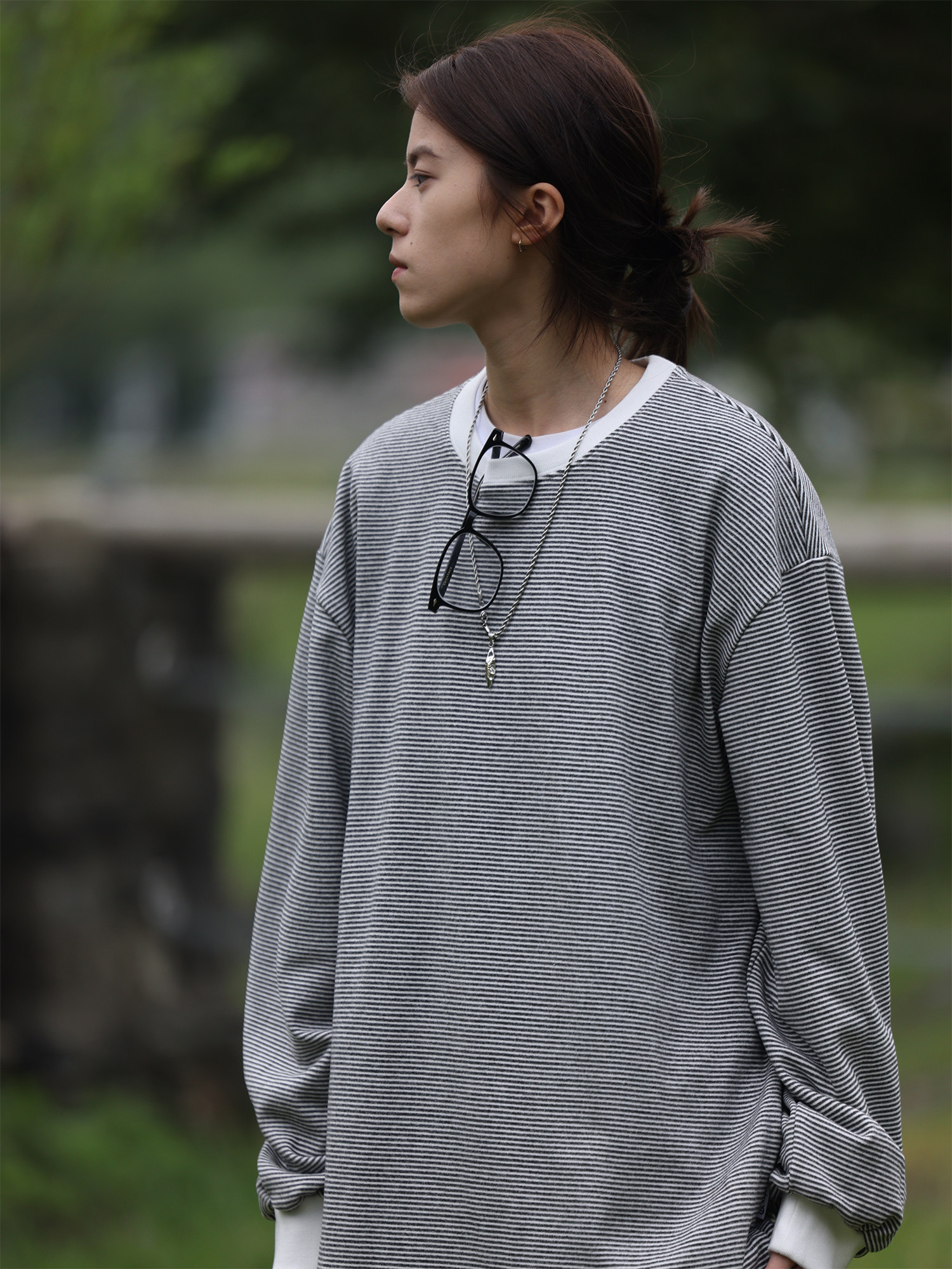 Nobodyknows美式复古基础休闲情侣细条纹圆领长袖T恤男女潮打底衫 - 图1