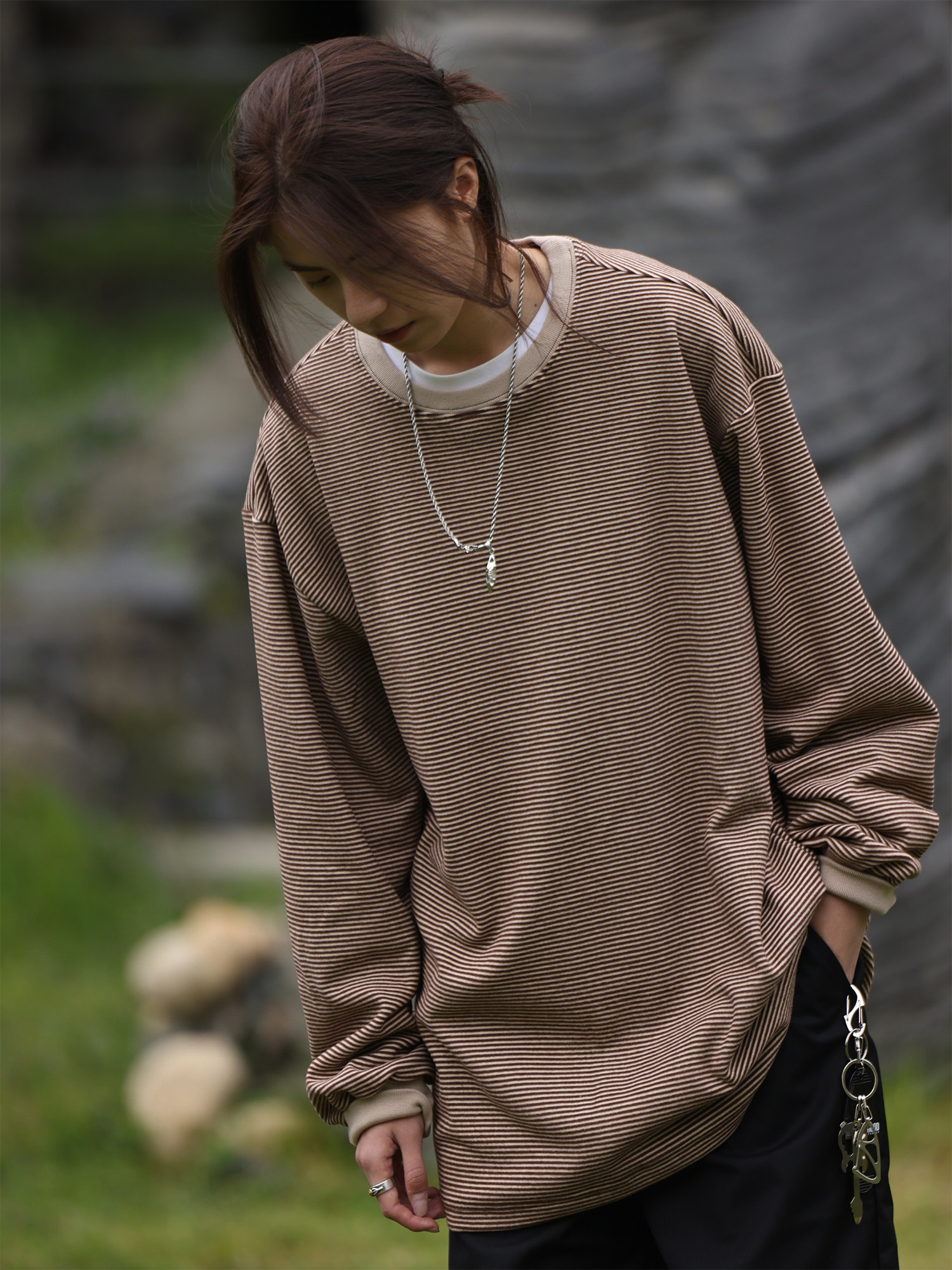 Nobodyknows美式复古基础休闲情侣细条纹圆领长袖T恤男女潮打底衫 - 图3