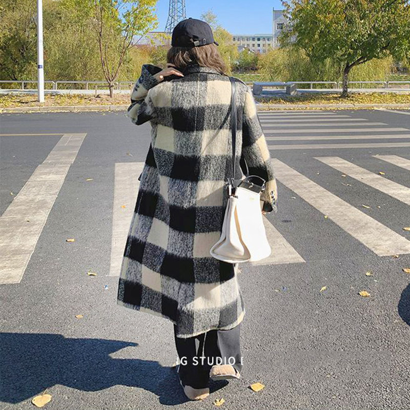 格子毛呢大衣女秋冬款双排扣西装领外套过膝夹棉复古风衣学生宽松,淘宝优惠券,粉丝福利购,淘宝优惠卷