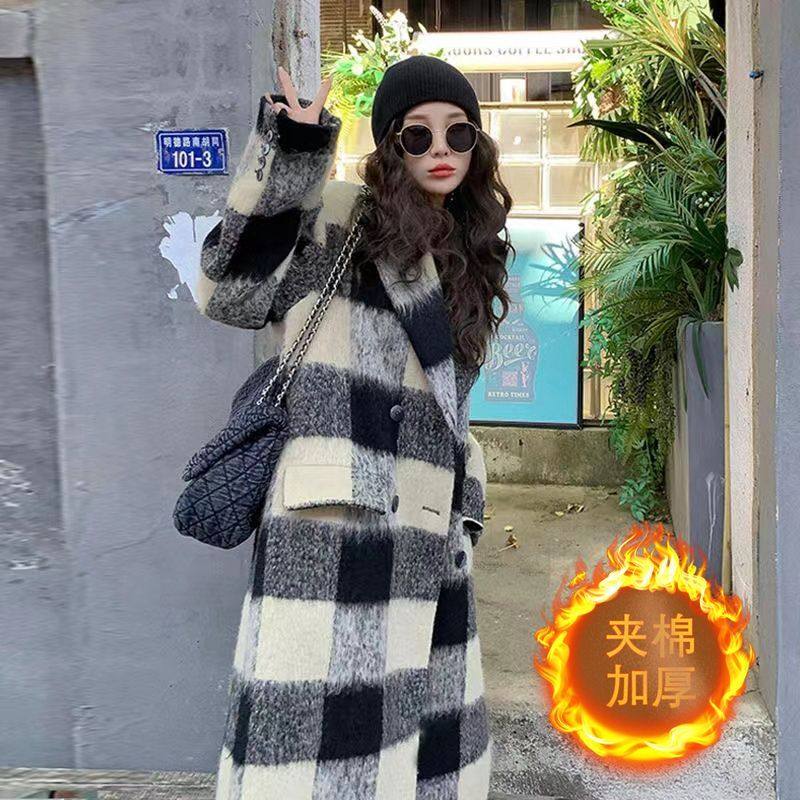格子毛呢大衣女秋冬款双排扣西装领外套过膝夹棉复古风衣学生宽松,淘宝优惠券,粉丝福利购,淘宝优惠卷