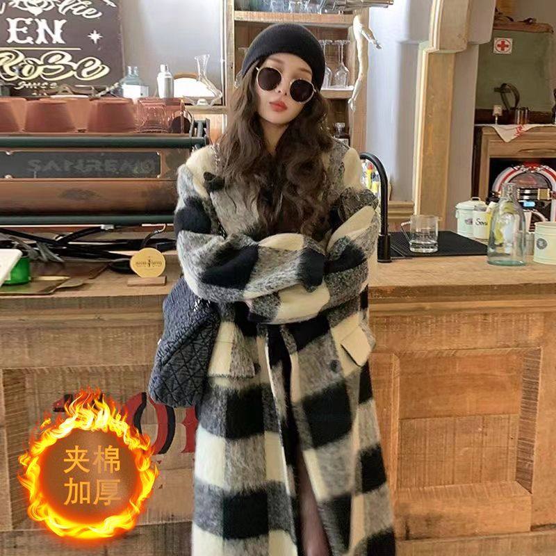 格子毛呢大衣女秋冬款双排扣西装领外套过膝夹棉复古风衣学生宽松,淘宝优惠券,粉丝福利购,淘宝优惠卷