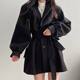 Waisted lace-up slimming lantern sleeve woolen jacket quilted