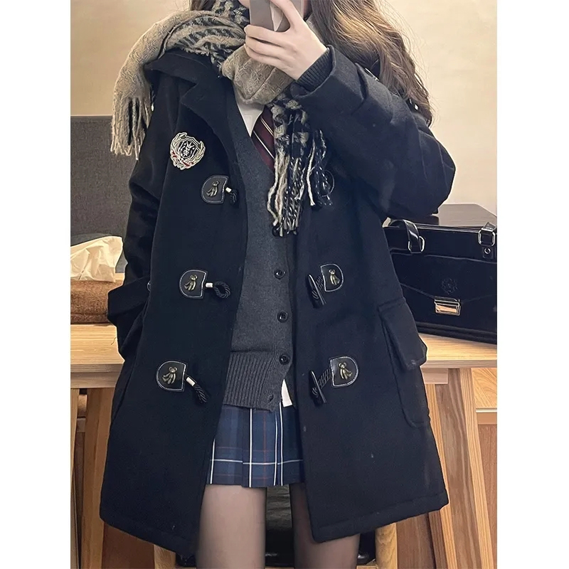 毛呢外套女秋冬季加绒小个子宽松风衣学生jk牛角扣连帽大衣中长款,淘宝优惠券,粉丝福利购,淘宝优惠卷