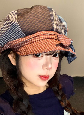 蝴蝶结拼接格纹贝雷帽女