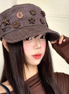 星星纽扣褶皱马术帽女春