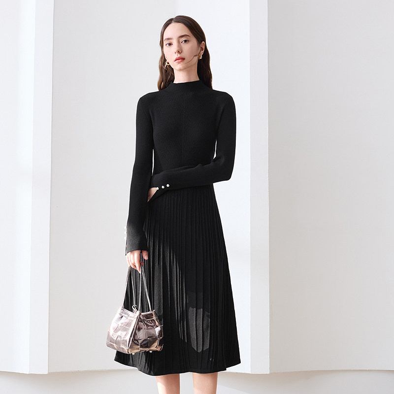 betu百图半高领针织连衣裙珍珠开叉袖口打底裙纯色裙子,淘宝优惠券,粉丝福利购,淘宝优惠卷