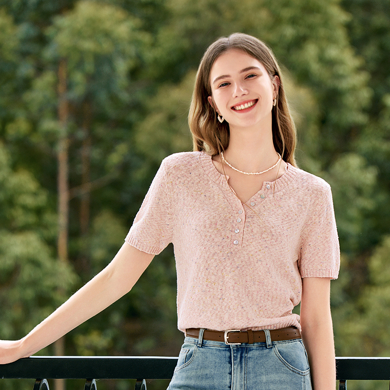 betu百图晕染针织衫夏款彩色条纹撞色晕染显瘦V领短袖针织衫女 - 图0