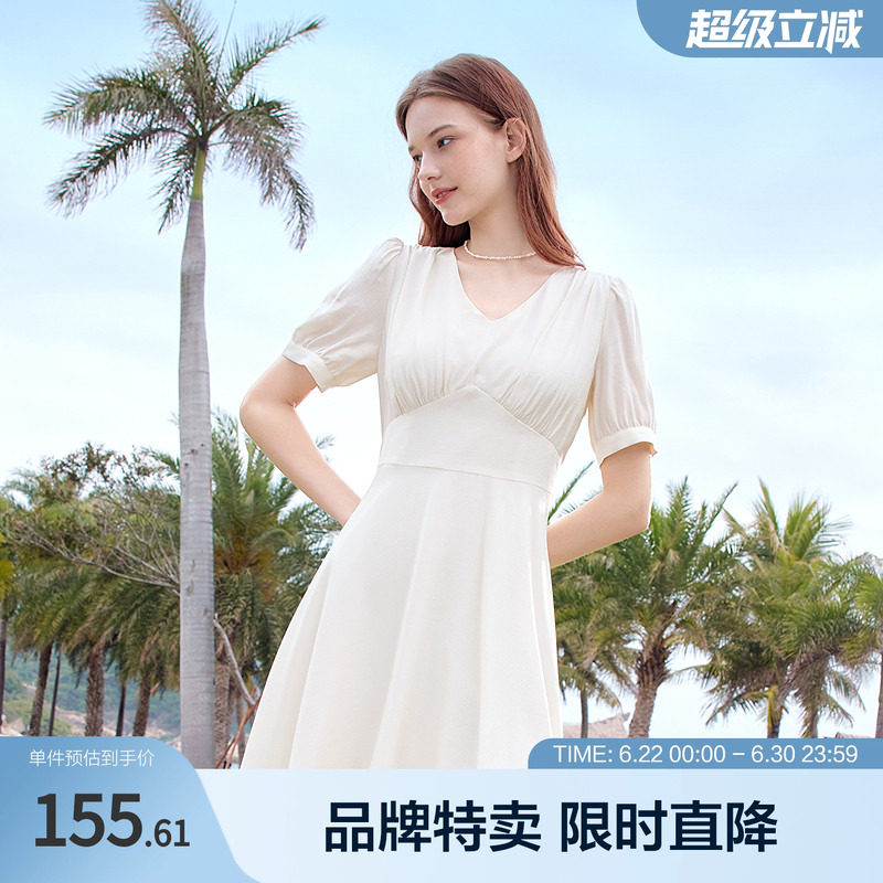 Betu百图夏季新款法式V领不规则短裙收腰连衣裙女气质百搭