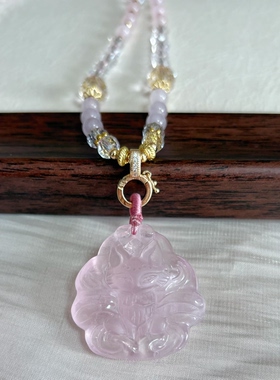 天然粉水晶九尾狐狸吊坠粉嫩狐牌水晶项链礼物女桃花锁骨链毛衣链