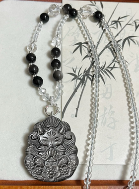 招财天然银曜石九尾狐将军狐吊坠水晶狐狸项链黑曜石狐牌锁骨链女