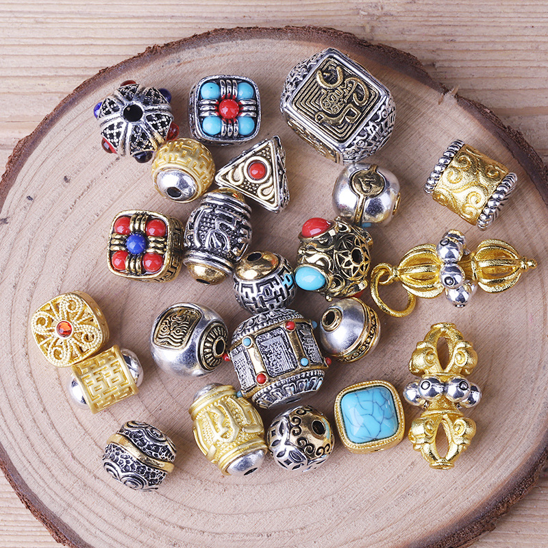 藏银双色六字佛珠点钻穿孔喜字哑金文玩手串法器散珠圆珠饰品配件 - 图0