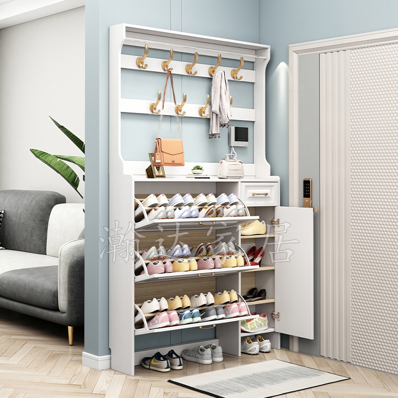 实木超薄翻斗式鞋柜家用门口大容量带挂衣架白色简约现代门厅柜 - 图2