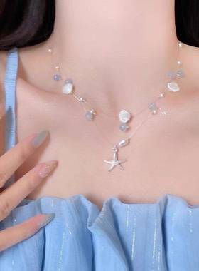 蓝色海星贝壳珍珠项链女夏天海边度假风叠戴锁骨链小清新颈链配饰