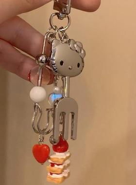 长款挂脖项链kitty刀叉蛋糕吊坠项链 毛衣链甜酷风配饰钥匙扣挂件