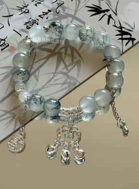 新中式中古风如意锁吊坠串珠手串小众百搭气质福牌手链手饰品