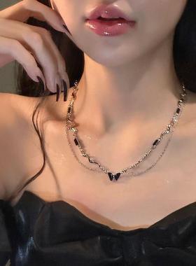 2023爆款双层黑色蝴蝶组合式项链女冷淡风配饰甜酷辣妹锁骨链