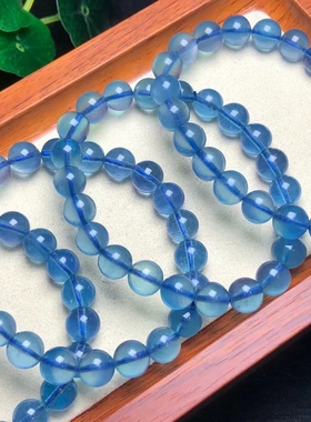 天然海蓝宝手链女蓝色水晶手串深蓝冰透 有棉絮