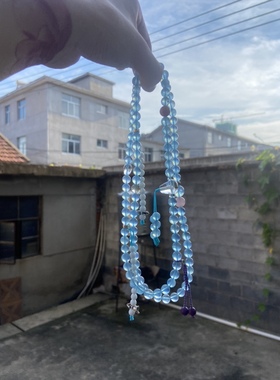抖音同款天然海蓝宝石手链108颗佛珠手串蓝色水晶女毛衣链手持